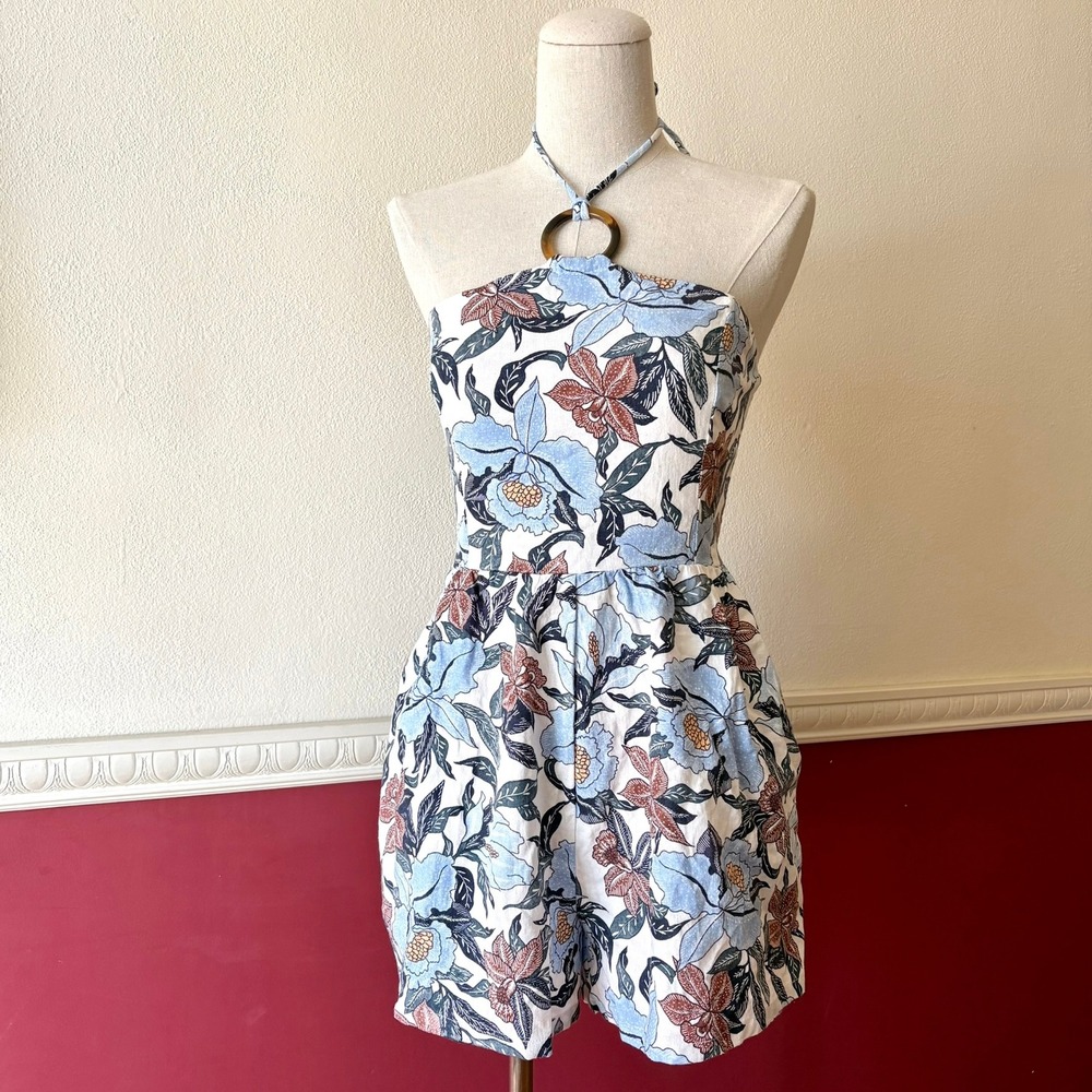 Old Navy Floral Linen Blend O-Ring Halter Romper Smocked Back‎ Women's S Pockets